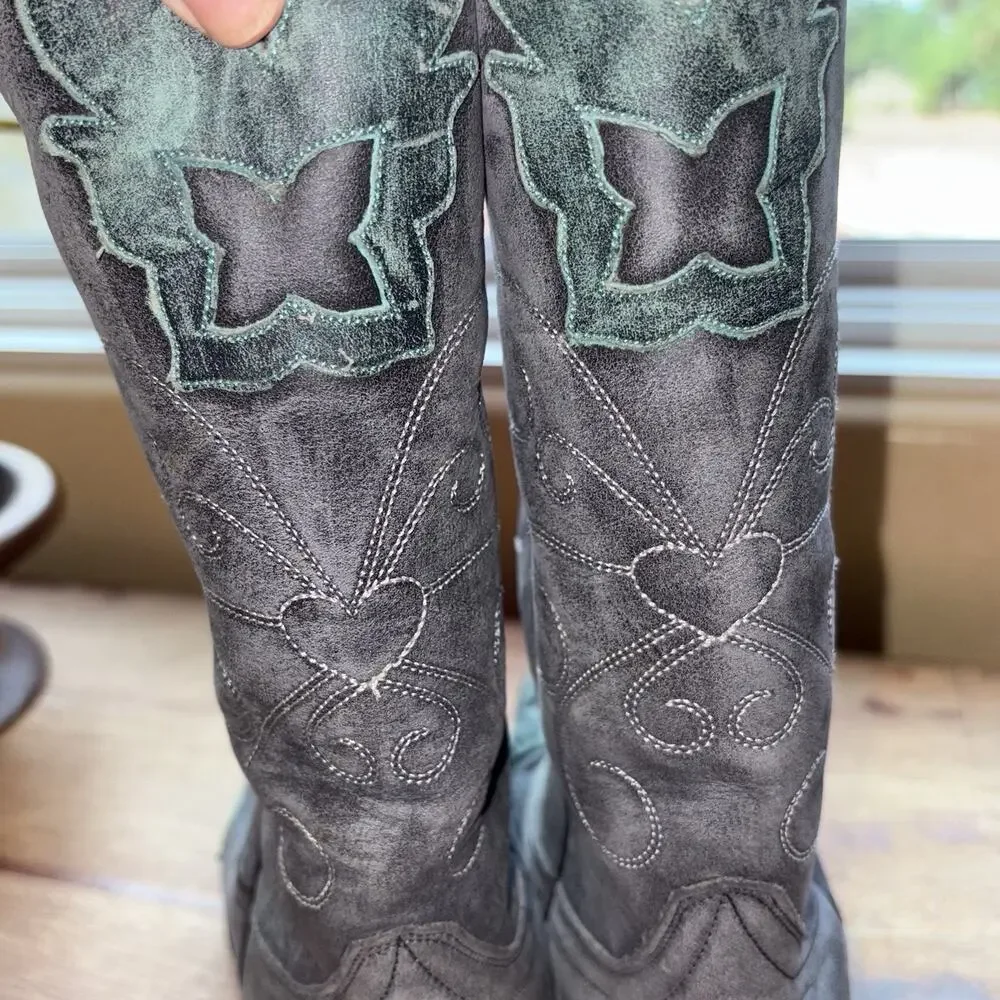 American Rebel Cowboy Boots Womens 6.5 Blue & Grey Leather Western Stitched EUC